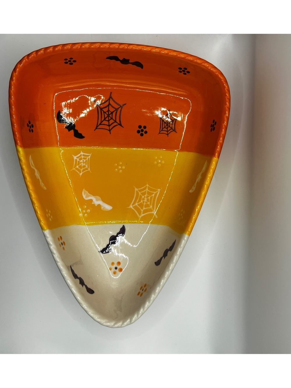 Large 11” Halloween Candy Corn Ceramic Dish Bat Spiderweb Temp-tations Tara